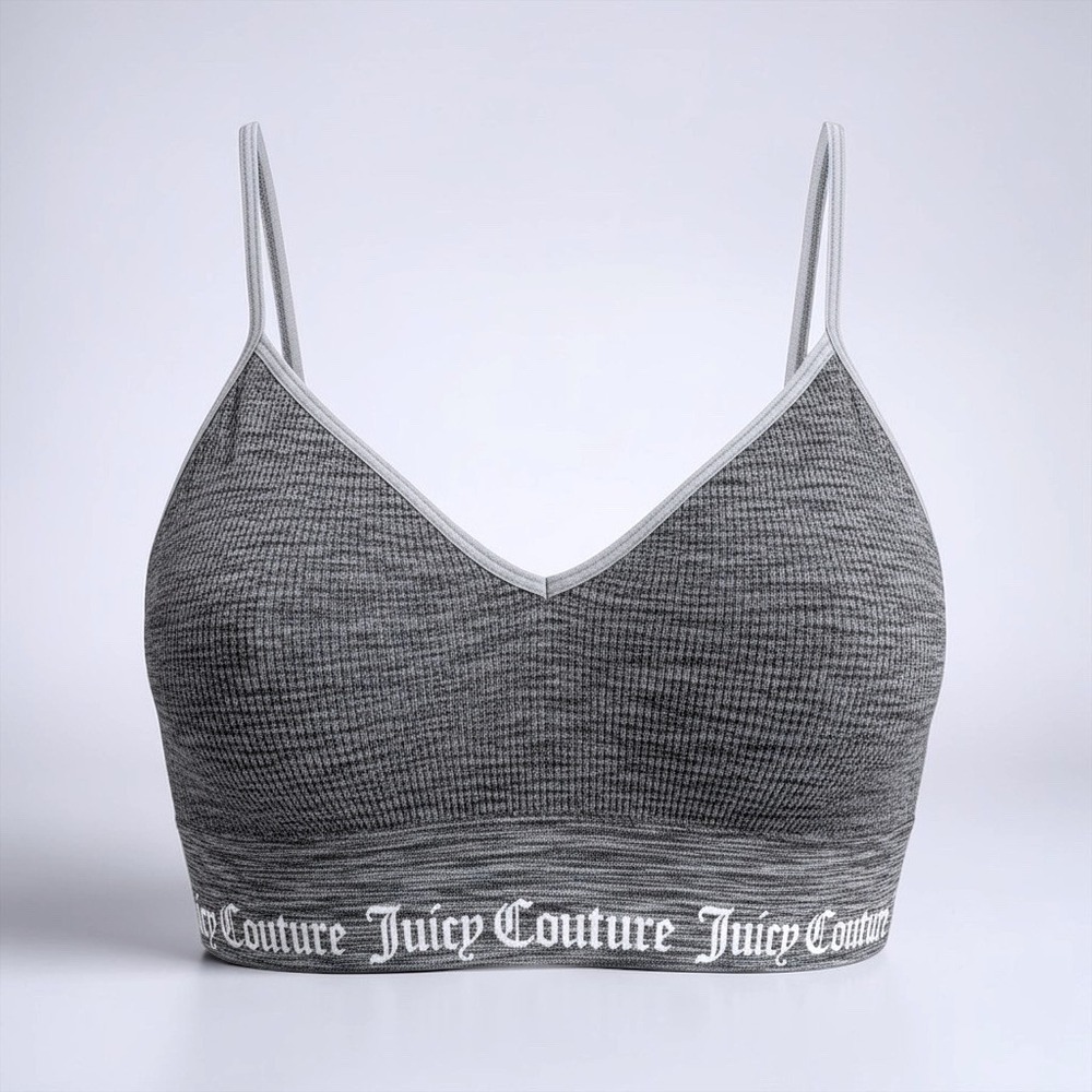 Juicy Couture Gray Space Dye Seamless Bralette Logo Band V-Neck Lounge Bra